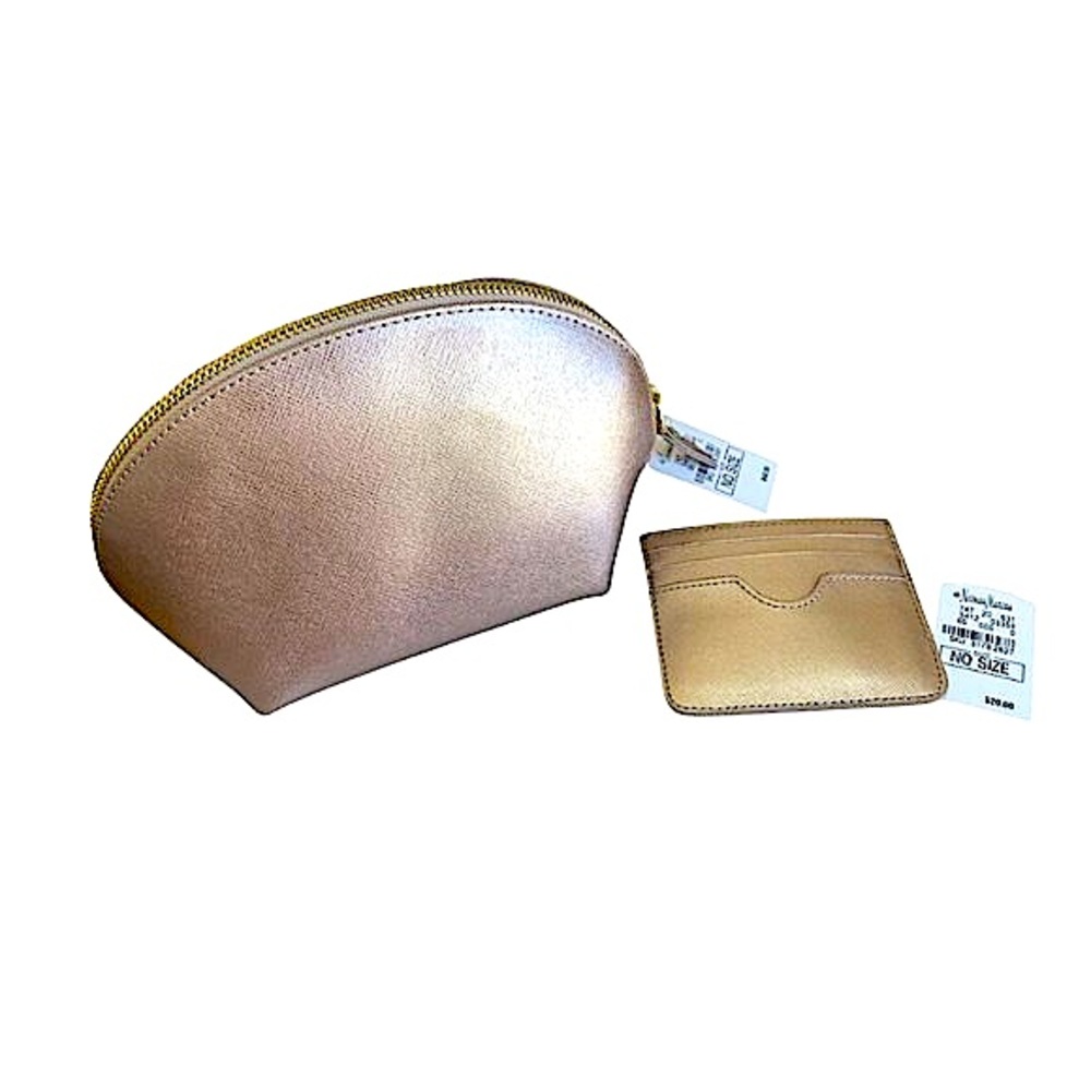 Gold Metallic Leather Cosmetic and Card Case Set Neiman Marcus NWT
